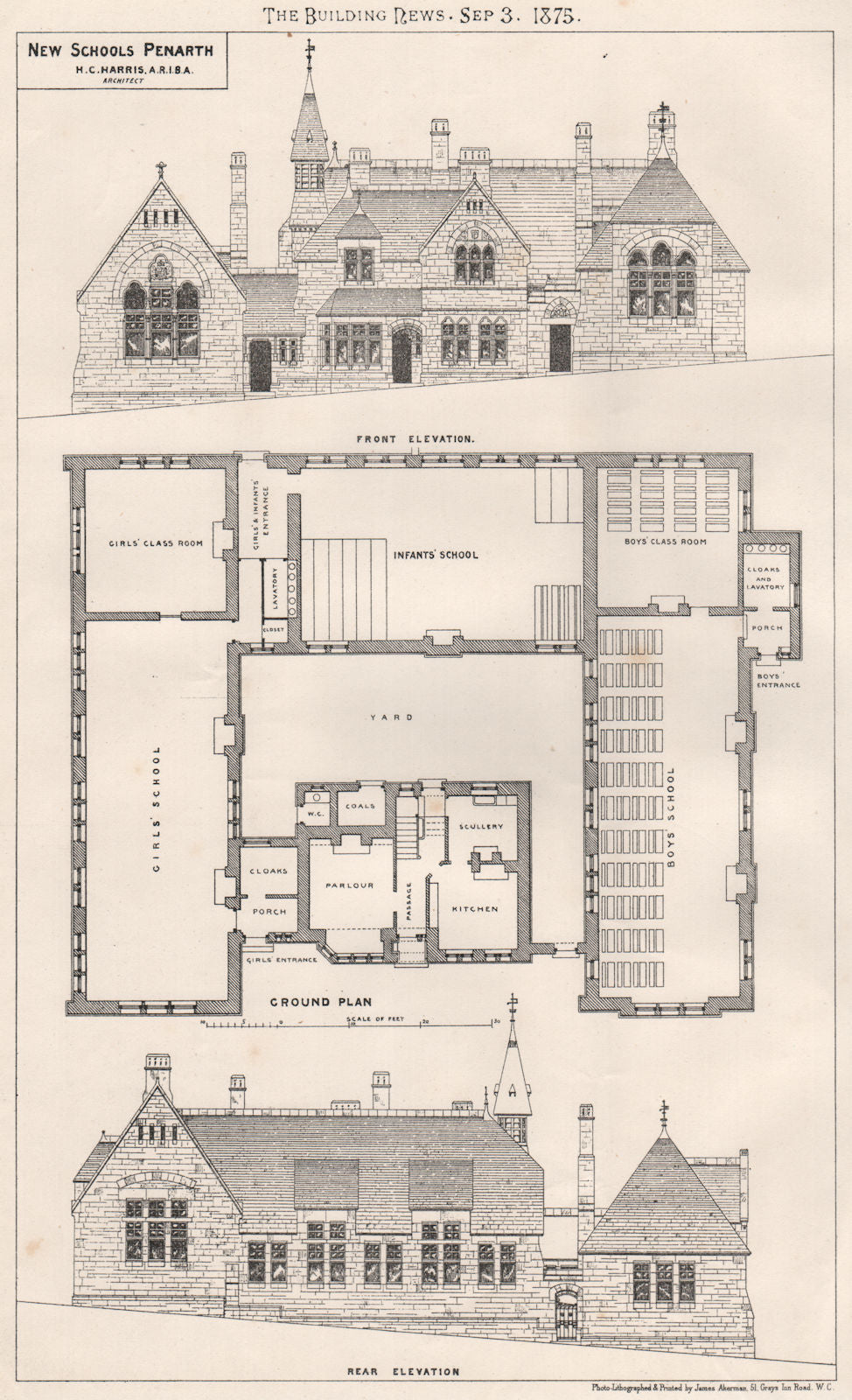 New Schools, Penarth; H.C. Harris A.R.I.B.A. Architect. Wales 1875 old print